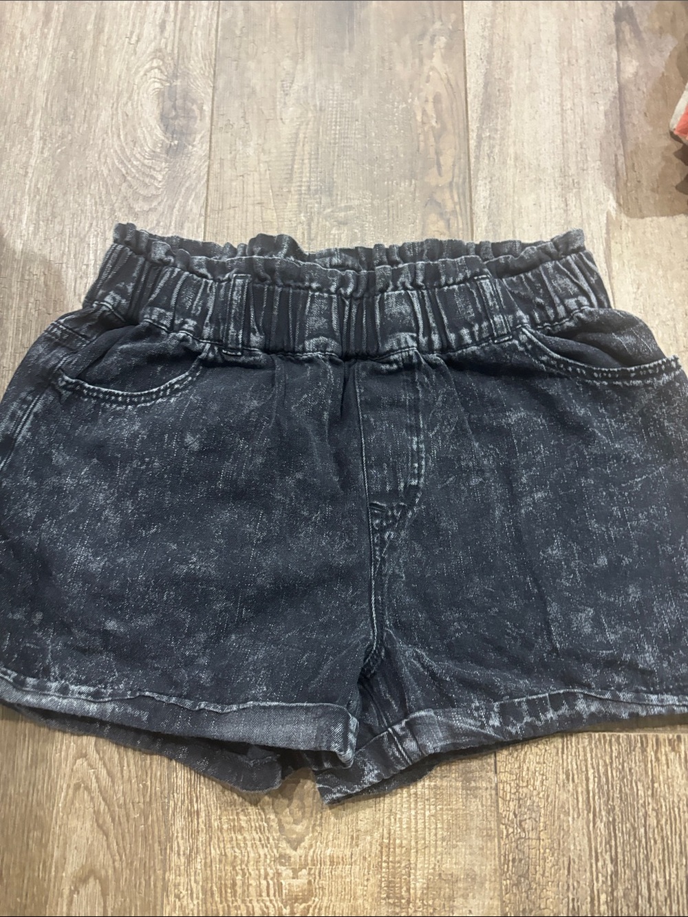 TGLA Black Washed Denim-Look Elastic Waist Shorts